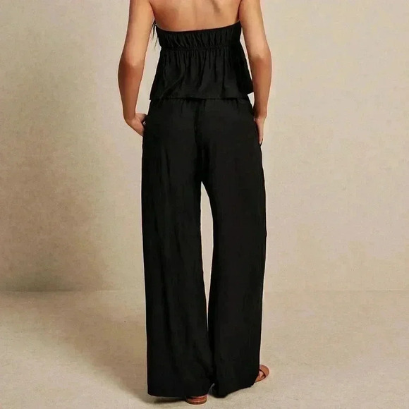 Black Sexy Women's Summer Fashion Linen Crop Top & Wide Leg Trouser Set - Picture 5 of 6